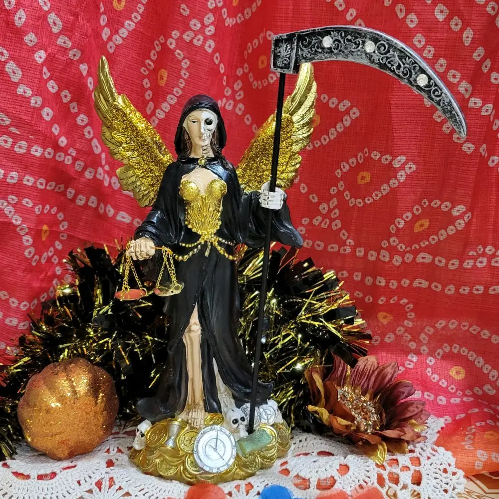 Santa Muerte  Statue Mitad Mujer Holy Death Half Woman With Wings On Money Black Decor Religious Figures