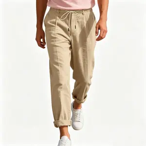Mens Breathable Linen Casual Pants Summer Lightweight Elastic Waist Drawstring with Deep Pockets Casual Loose Fit Beach Pants