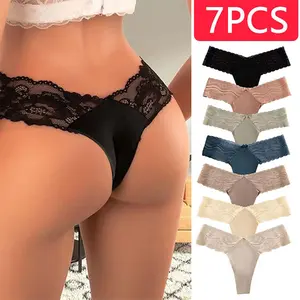 Women's Thong, T Back Low Rise See Through Panties, Cotton Seamless Lace Thongs Cute Fabric Womenswear Nylon Elastic Ribbed Soft