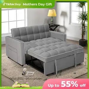 [mothersdaygift] EBELLO Velvet Convertible Pull Out Sofa Bed, 3-in-1 Loveseat Sleeper with Adjustable Backrest, Modern Futon Couch with 2 Pockets, Small Love Seat Sofas for Living Room, Bedroom, Apartment, Off White
