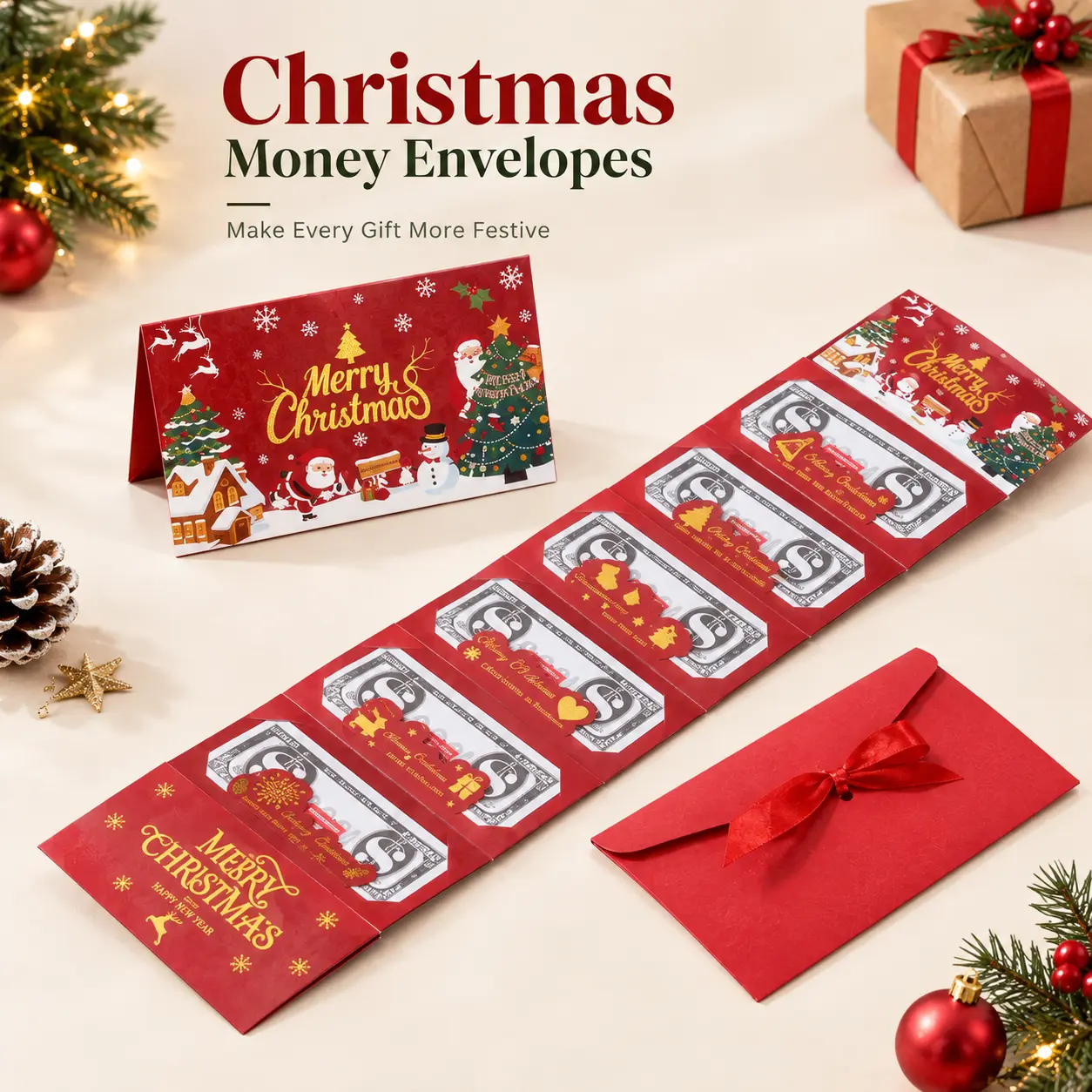 Christmas Dollar Folding Red Envelopes, Merry Christmas Cash Gift Envelopes for Family Friends, Party Festive Decorations Money Birthday Cards with Envelopes Surprise Birthday,Valentine's Day&Christmas Gifts Party Supplies,Black Friday