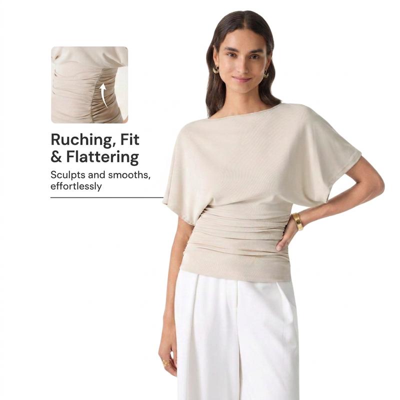 OGL Women's Boatneck Batwing Sleeve Top - Sandwashed Modal Side Ruched Flattering Shirt Quiet Luxury Wrinkle-Resistant Spring Summer half sleeve tee Blouses Womenswear Fall Deals For You