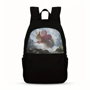 One Casual Backpack Featuring a Lychee Squirrel, Designed for Teenagers. It Is Lightweight with a Large Capacity, Adjustable Straps, Made from Black Nylon Fabric, And Has a Easy Cartoon Design. The Upper Part Is Printed, Making It Ideal for School