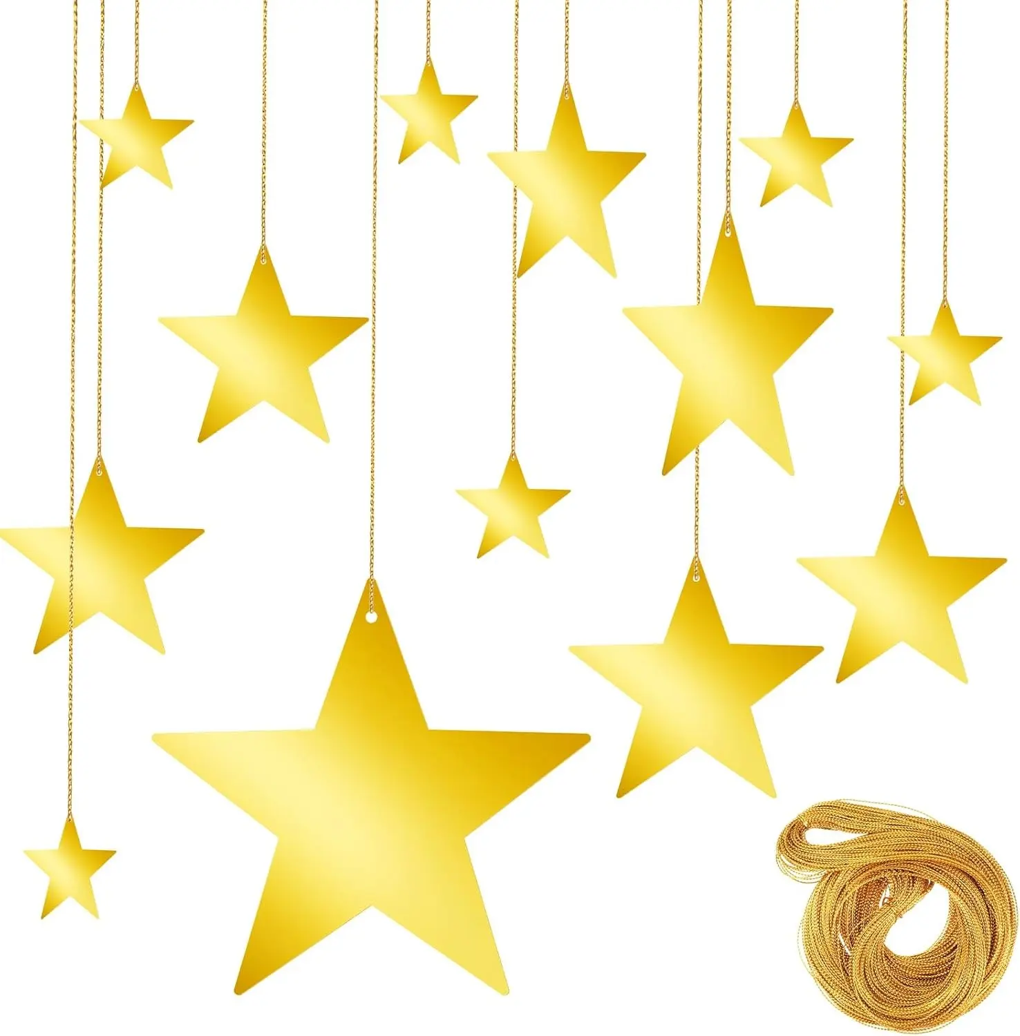 24Pcs Gold Hanging Stars Decorations, Glitter Star Cutouts with 55 Yard Gold Nylon String Double Sided Star Cardboard for Wedding Birthday Party Graduation Classroom Home Wall Ceiling Decor (4 Size)