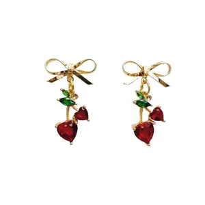 Gold Bow Cherry Earrings | Red Rhinestone Cubic Zirconia 14k & 18k gold plated earrings | hypoallergenic & non-tarnish handmade earrings