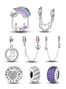 Silver Charm DIY Beads with Sparkling Diamond, Twist Family Heart Rainbow Seesaw Sisters Forever Circle Feet Couple Heart-to-heart Beads Safety Chain