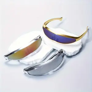 XUH 3pcs Set Futuristic Cyberpunk Sunglasses for Women Men, UV400 Protection One Piece Wrap Around Rimless Shades for Party, Cosplay, Festival & Streetwear