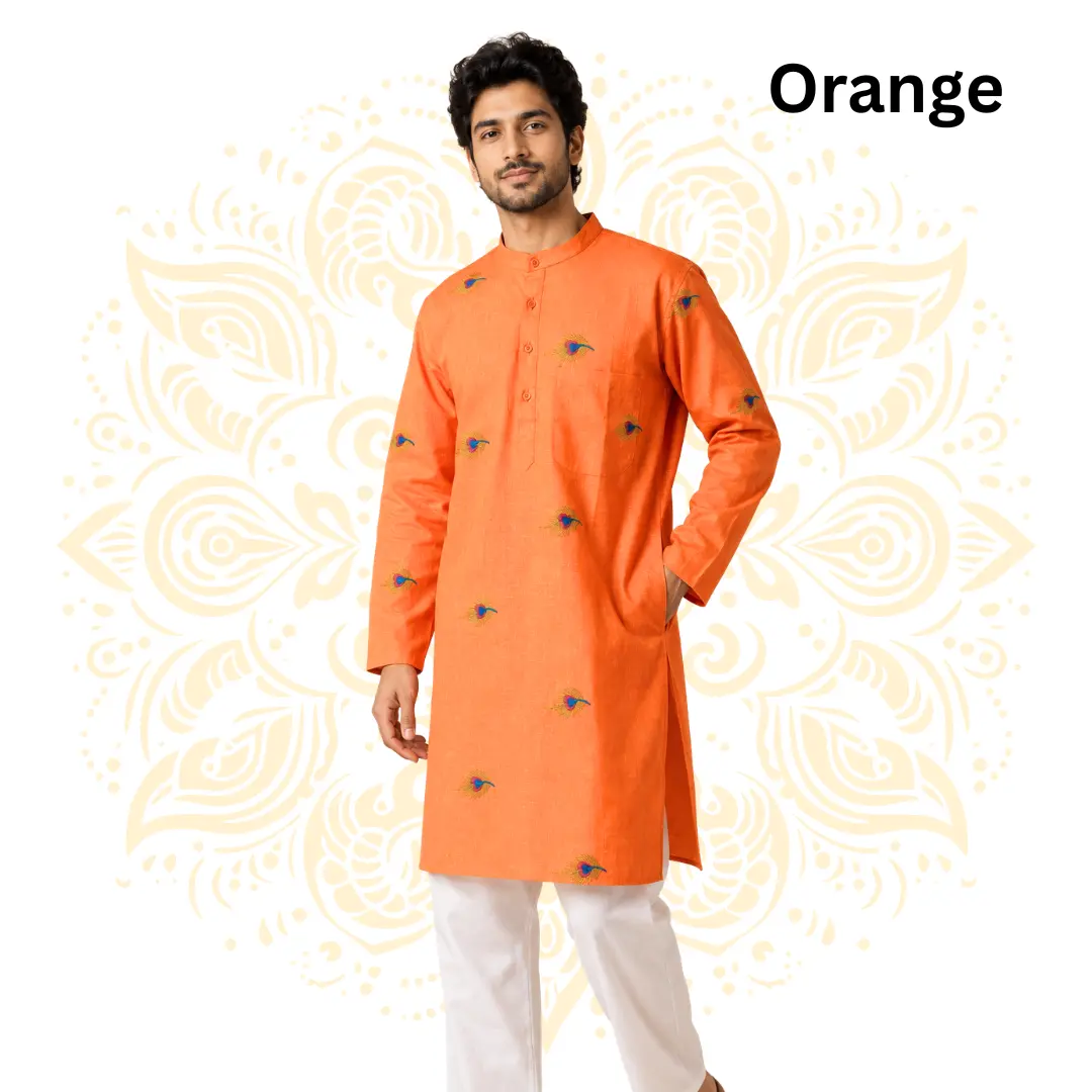 Men’s Peacock Feather Embroidered Cotton Kurta