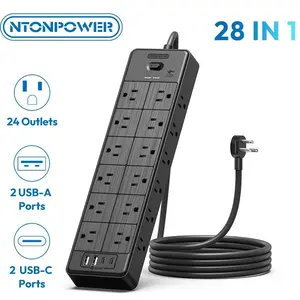 24 Widely Outlets 5 Ft/10 FT/15 FT/25 FT Extension Cord NTONPOWER 15A/1875W Power Strips with Surge Protection 4000J,Black/White Extension Cord Surge Protector with 4 USB Ports(2 USB C), Wall Mount Holes for Home, Office
