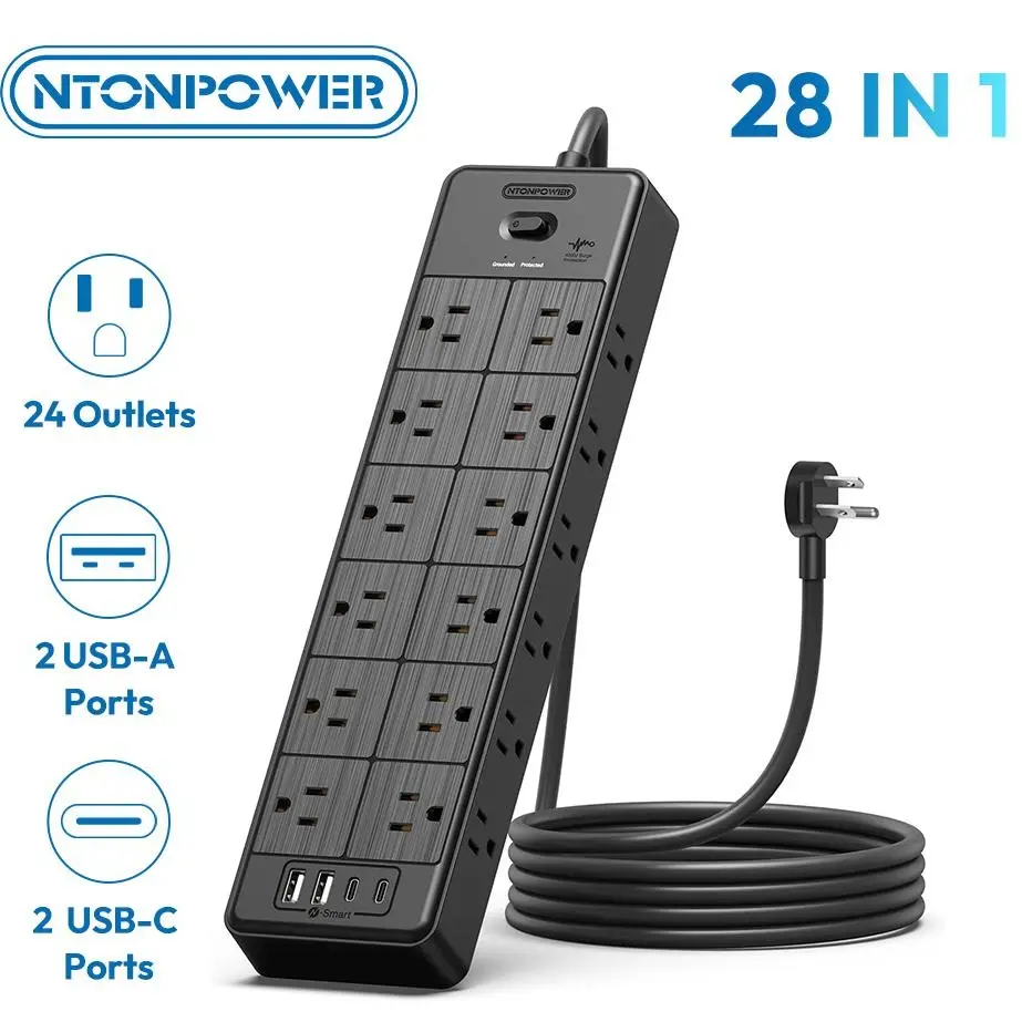 24 Widely Outlets 5 Ft/10 FT/15 FT/25 FT Extension Cord NTONPOWER 15A/1875W Power Strips with Surge Protection 4000J,Black/White Extension Cord Surge Protector with 4 USB Ports(2 USB C), Wall Mount Holes for Home, Office