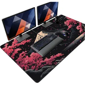 Extra XXXL  Cherry Blossom Gaming  Pad, Watercolor  Pads Keyboard Mat, Stitched Edges Mousepad, Non-Slip Rubber Base Desk Mat for Office &  (48x24 Inch)