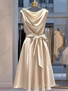 Women's Elegant Solid Color Waist Belted Skirt, Stylish High-Waisted A-Line Dress, Casual Classy Elegant, Casual Chic Sleeveless, Perfect for Casual and Formal Occasions