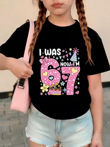 Cute Birthday for Girls Ages 4-12, Round Neck Short Sleeve Top, Funny Graphic Tee, Polka Dot Number 67 Design, Party Ready, Funny Shirt