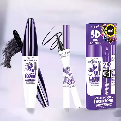 Flawless 2-Piece Mascara & Eyeliner Brush Set - 5D Volumizing, Lengthening, Brightening Quick-Dry Formula, Waterproof 24-Hour Wear, Dramatic Lashes, Ideal for Lazy Girl Makeup, Convenient Package