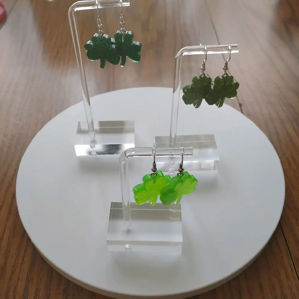 St. Patrick's Day Shamrock Earrings with Nickel Free Hooks Green Glitter Design Silver Tone Handcrafted for Comfort