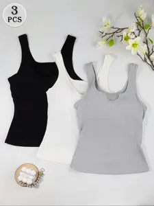3 Pcs Women's U-Neck Ribbed Slim Fit Tank Tops With Padded Cups, High Elastic Snug Fit Curve Shaping Tops, Breathable Skin Friendly Comfort Vests For Home Leisure Dating Commute Wear