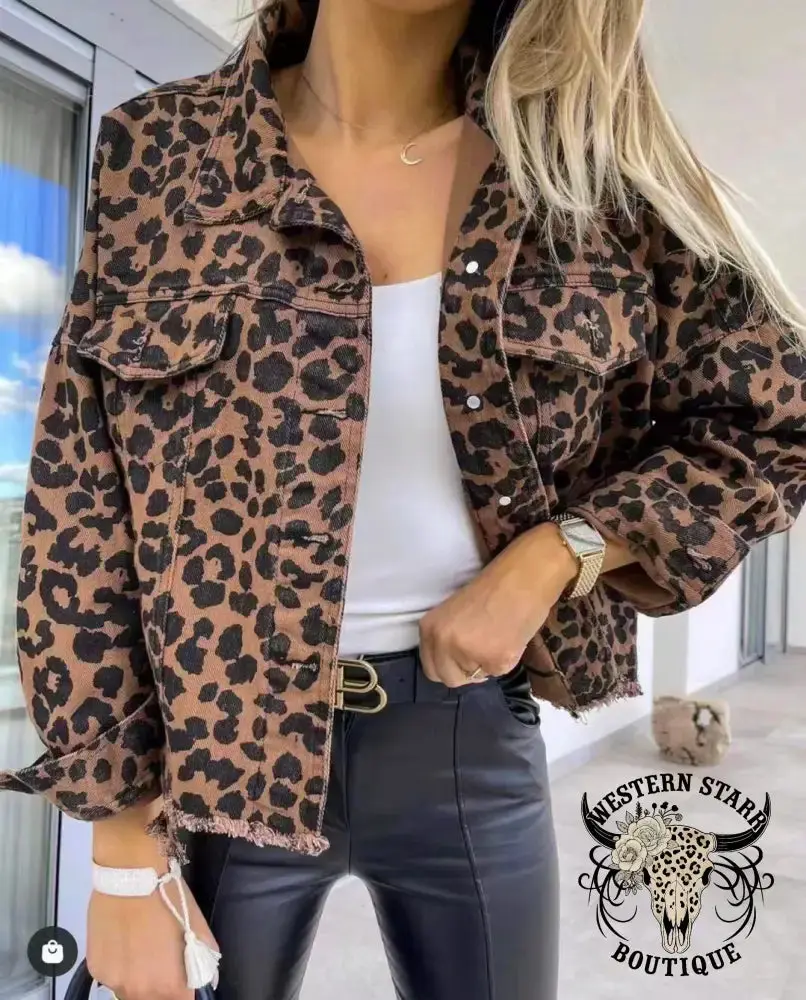 Leopard Raw Hem Denim Jacket