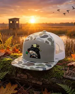 Duck Hunting Dog Trucker Hat, Labrador Retriever Duck Hunter Cap, 7 Panel Camo Snapback Hat, Waterfowl Outdoor Gift for Men Dad Hunter