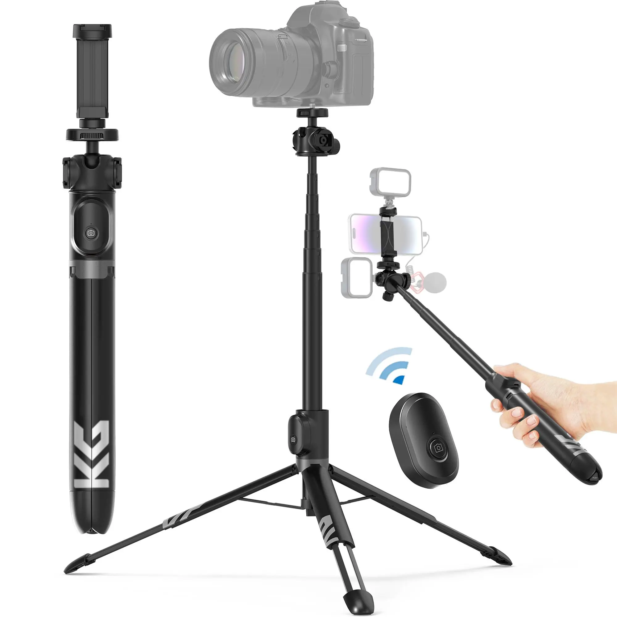 KraftGeek 60" Vlogging Tripod for Phone and Camera, Travel Phone Tripod Stand with Remote for Video Recording, Compatible with GoPro Hero Series, DJI Osmo Action & Insta360 Cameras, and DJI Pocket 3 Cellphone
