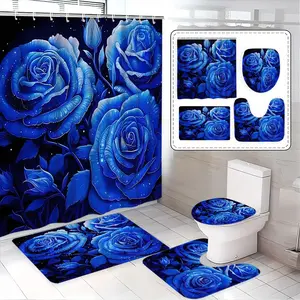 Deep Sea Blue Rose Shower Curtain Set, Bathroom Decor with Bath Mat, Toilet Pad, U-Shaped Pad, Elegant Home Decoration Gift, Bathroom Supplies