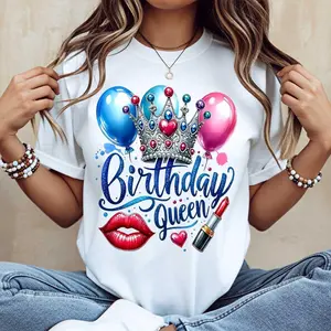 Birthday Queen Crown Balloons Lips And Lipstick Print Tshirt Casual Short Sleeve Tee For Birthday Celebration Party Wear