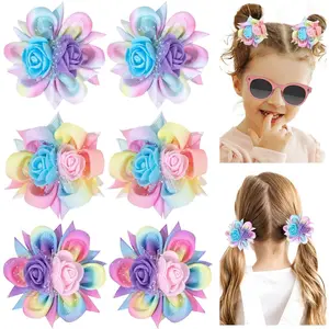 KF5-HB002  6PCS Hair Bows for Girls, Flower Hair Clips Rainbow Hair Accessories for Girls Toddler Bows with Alligator Clips for Kids Child Teens(Rainbow)