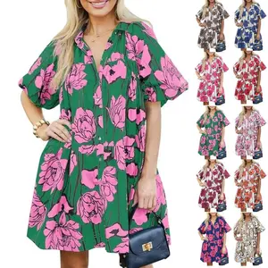 Imily Bela Women's Floral Summer Dress - Puff Sleeve Button-Down Shirt Dress, Casual Loose Fit Mini Dress for Beach Blue Womenswear summer outfits beach outfits prom dress women's clothing rose dress