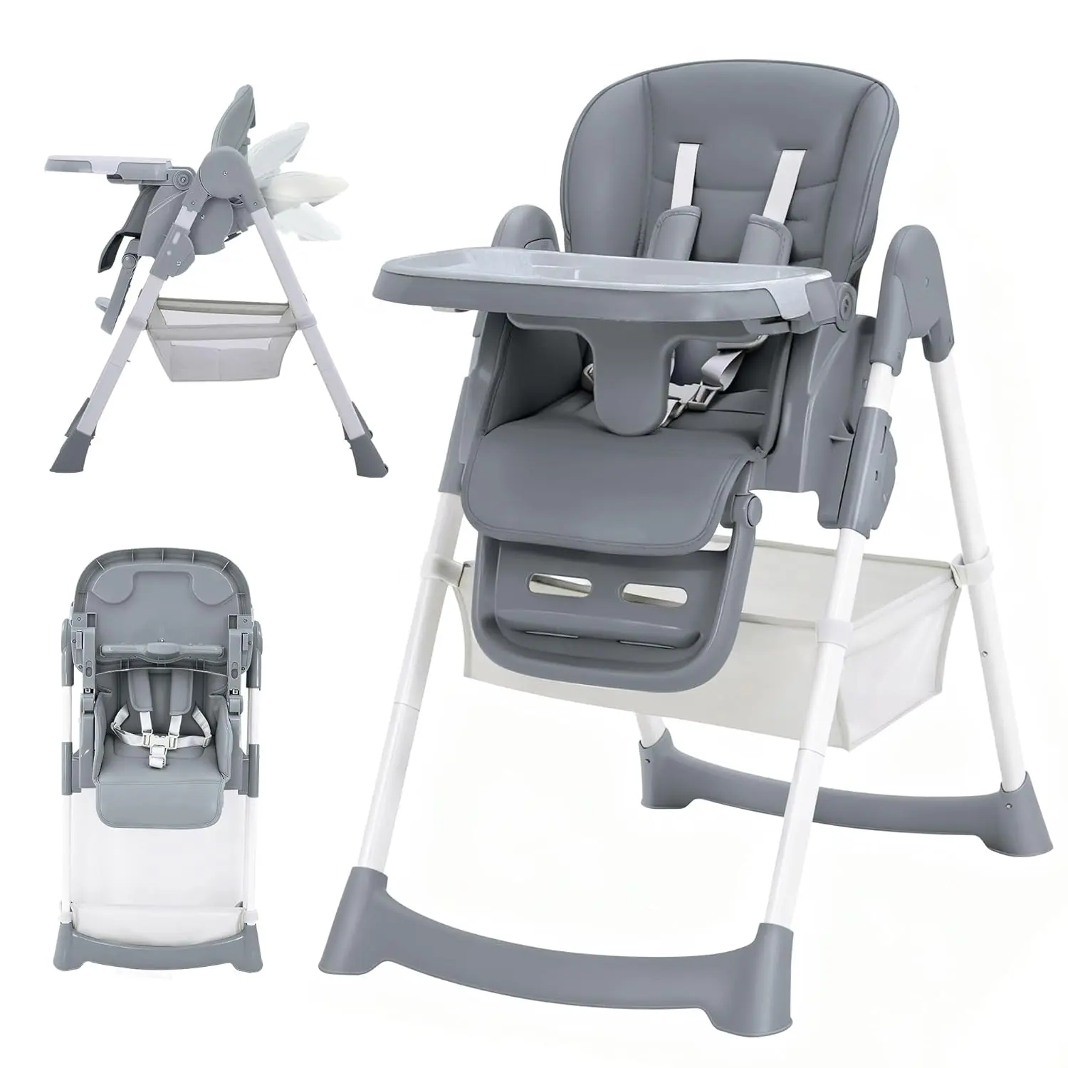 GAOMON Foldable High Chair for Babies & Toddlers, PU Leather Highchair with Adjustable Backrest, Footrest, Seat Height, Removable Tray, 5-Point Safety Harness & Locking Wheels,Dark Grey,dorm essentials,home decor