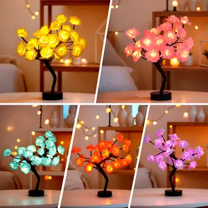 Drawelry Rose Flower Tree Lamp - LED Rose Tree Table Lamp USB/Battery Powered Artificial Bonsai Flower Night Light Party Wedding Valentine's Day Decor Lighted Floor Standing for for Bedroom, Living Room, and Party Decor