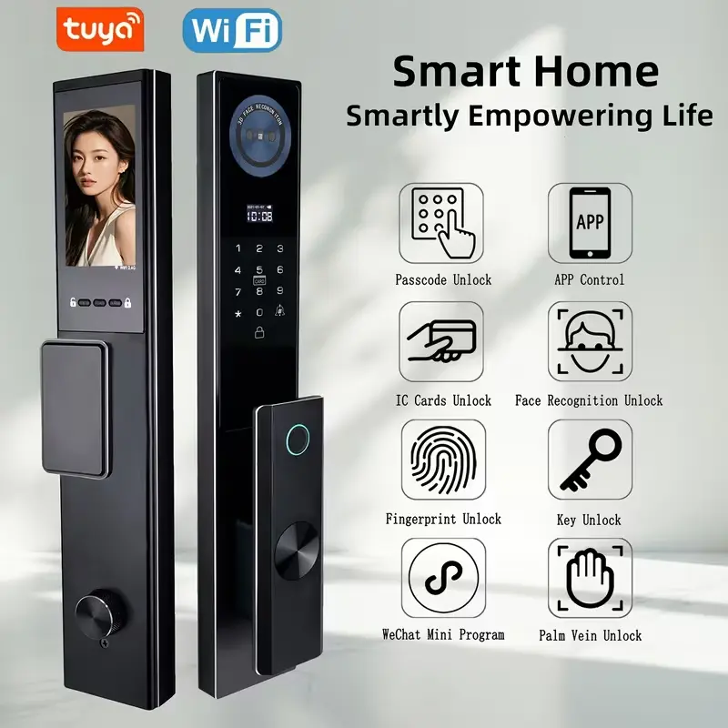 1 set Tuya 3D Facial Recognition Fingerprint Lock | Automatic Video Intercom, for home Electronic Password, Smart for home Door Lock, Made of Aluminum Alloy, Durable Structure, Modern Security, High-Quality Manufacturing