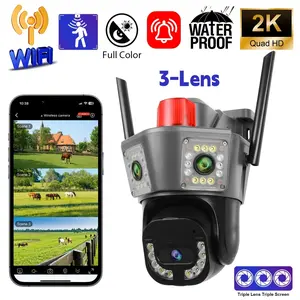 3 Lens Home Security Camera With 3 Screens Display, WiFi PTZ Camera 355° Rotation, Smart Motion Tracking & Instant Alarm Push, Color Night Vision, Two-Way Audio, Cloud & TF Card Storage, IP65 Waterproof, Work With APP.camara De Sequridad