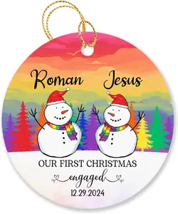 Personalized Couple Gay Snowman Christmas 2024 Ornament, Our First Christmas Engaged Mr & Mr Ornament Custom Name Date, Gay Pride LGBT Christmas Tree Rainbow Ornaments Gifts for Family Newlywed LGBT, Our First Christmas Engaged #3 Ornament