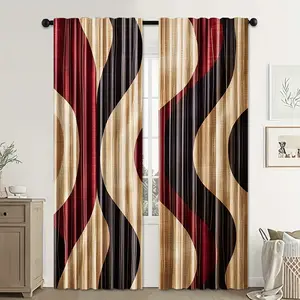 2 modern abstract wavy curtains in a beige/brown/red/black color palette
