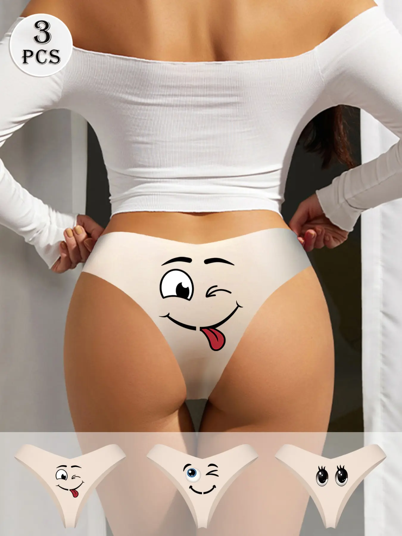3-Pack Cute Emoji Print Seamless Triangle Pants for Women, Fun Gift for Best Friends, Elegant Fitted Panty Fashion Underwear for All Seasons, Stretch Panties, Seamless Knickers