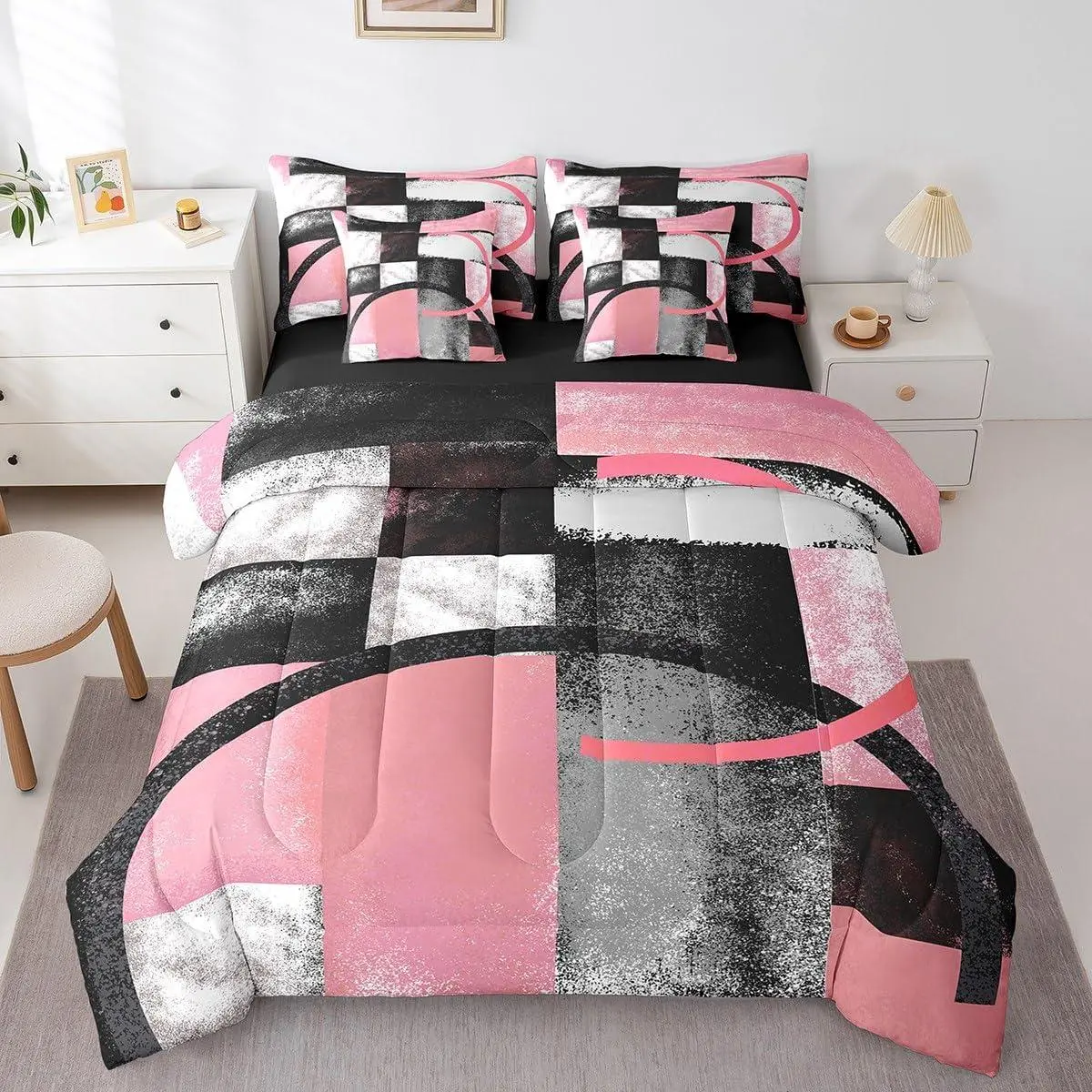 Pink Grey and Black Bed in a Bag Geometric Circle 7 PCS Comforter & Sheets Rustic Geometric Rectangle Square 7 PCS Bed in a Bag Set Kids Abstract Artwork Comforter Set with Sheets