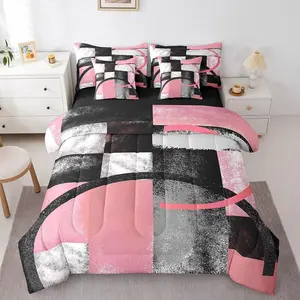 Pink Grey and Black Bed in a Bag Geometric Circle 7 PCS Comforter & Sheets Rustic Geometric Rectangle Square 7 PCS Bed in a Bag Set Kids Abstract Artwork Comforter Set with Sheets