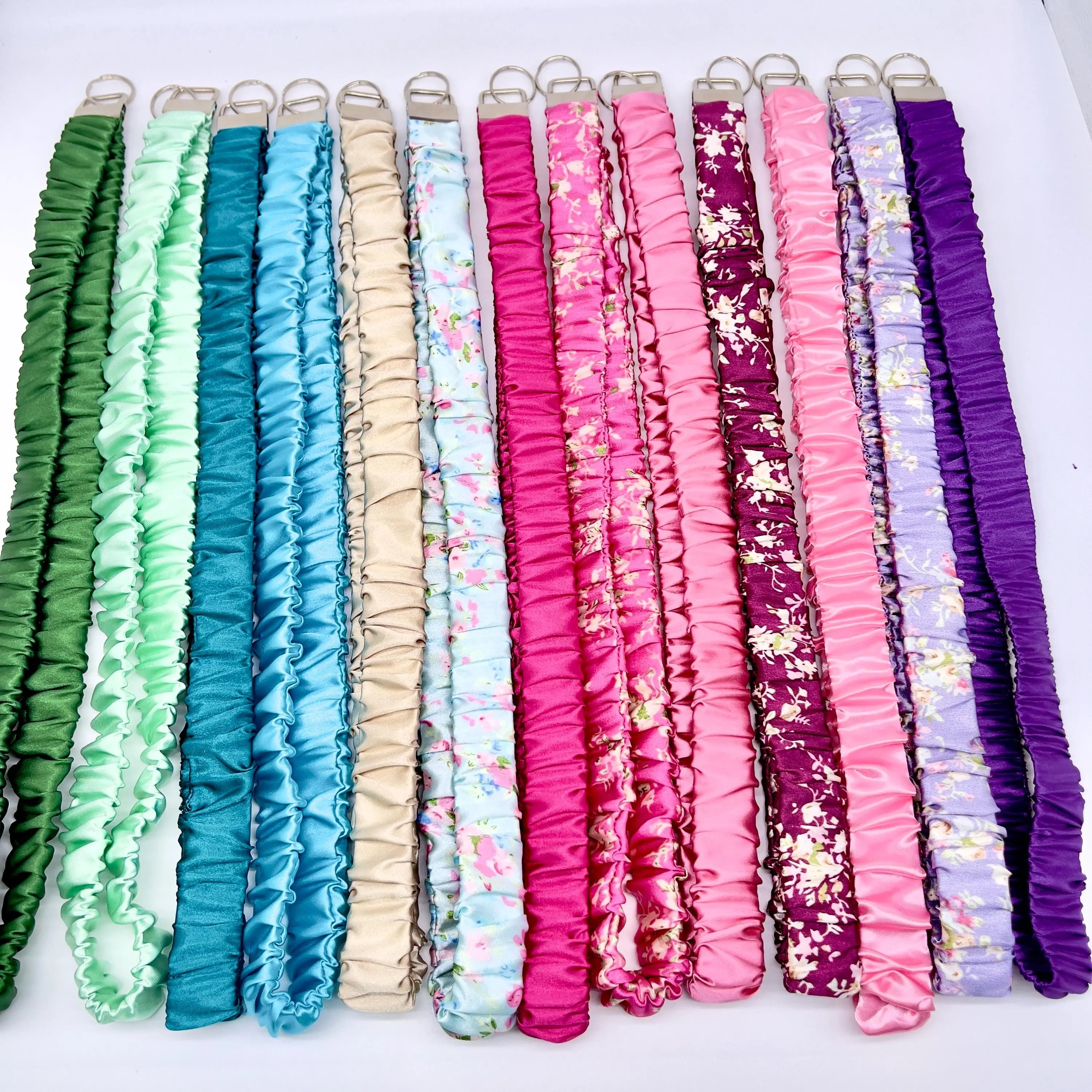 Handmade Satin Scrunchie Lanyard Keychain: Solid and Floral Silk Prints