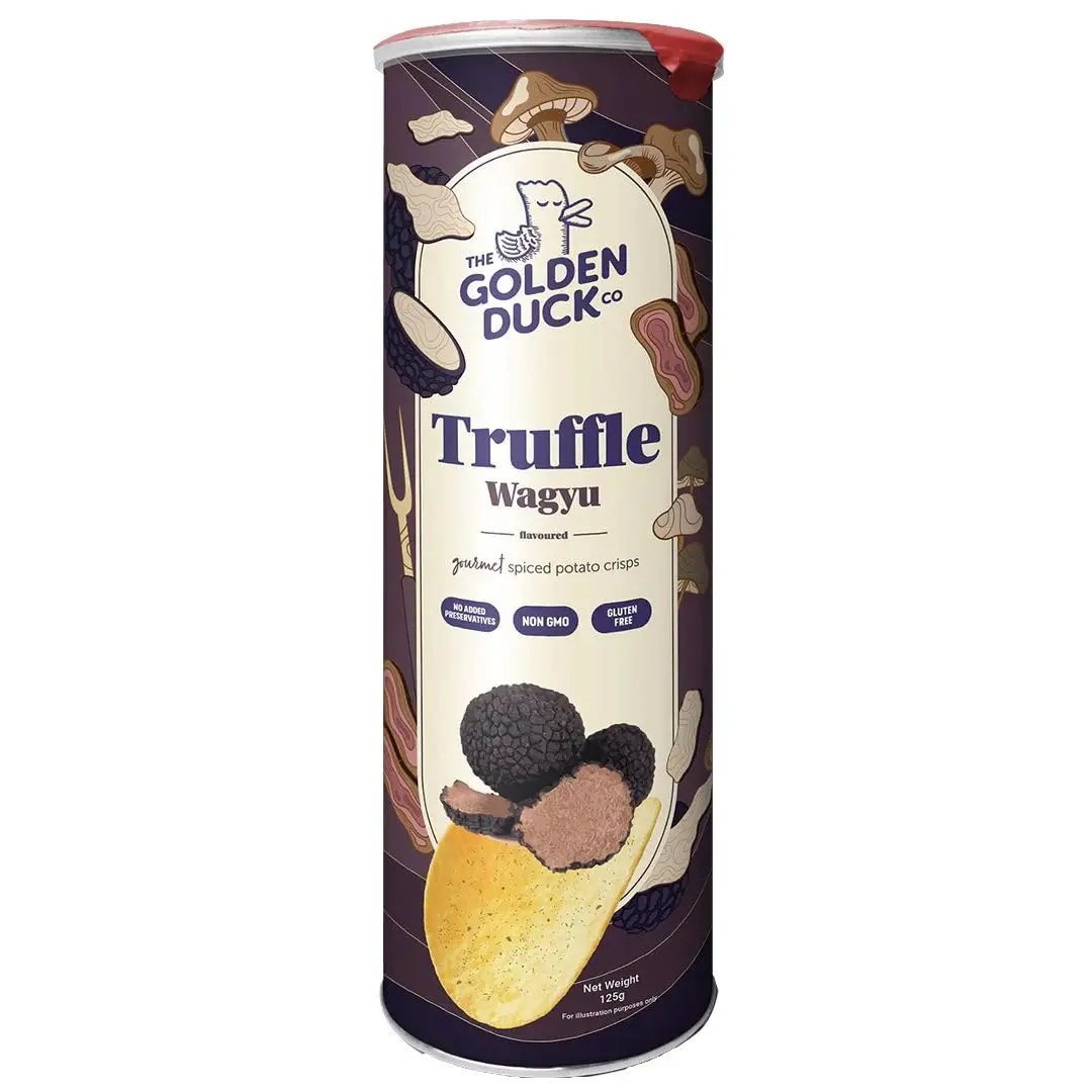 The Golden Duck Truffle Wagyu Gourmet Ridged Potato Crisps Bold Savory Flavor Gluten Free 4.9 oz Canister Non GMO