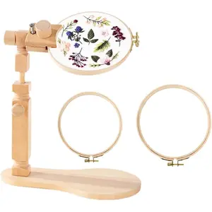 Sherbo Adjustable Embroidery Hoop Stand with 2PCS 6'' 7''Hoops, Rotated Beech Wood Cross Stitch Frame, Hands-Free Needlework Stand, Solid Hand-Polished Natural Wood Holder for Sewing Projects.