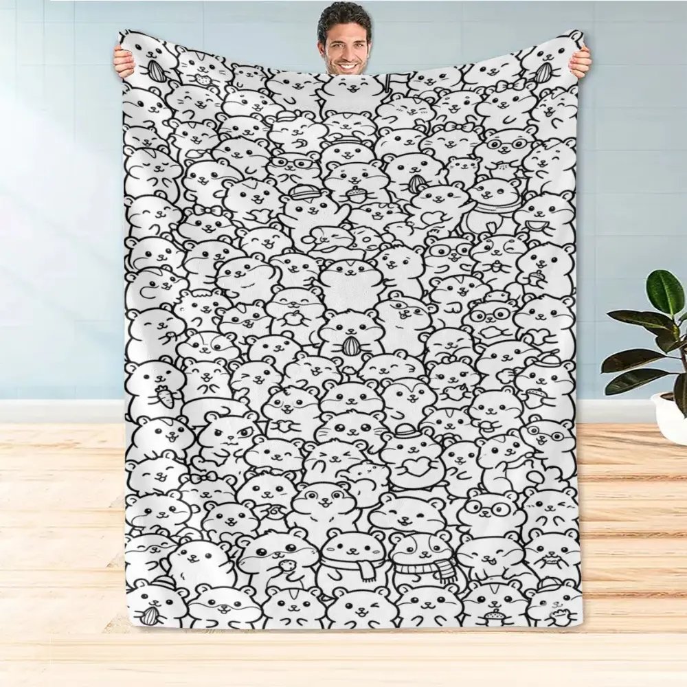 Cute Hamster Coloring Book Style Blanket, Soft Flannel Throw Blanket with Black White Kawaii Hamster Print, Cozy Gift for Kids Girls Teens and Hamster Lovers, Fun Pet Lover Blanket for Bed Couch Sofa Dorm, Lightweight Warm Blanket for Naptime Movie Night