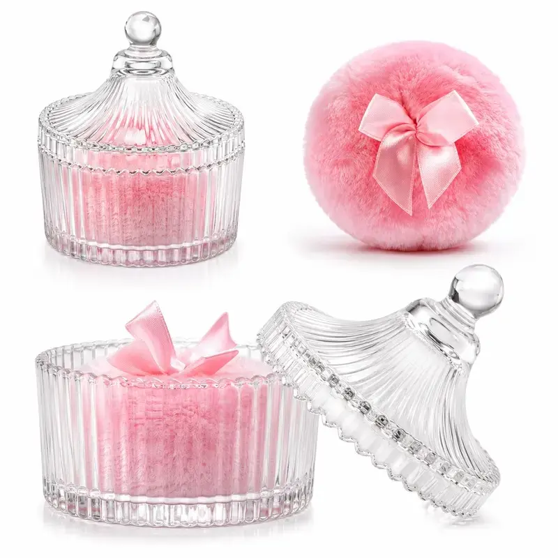 2 Pcs Large Body Powder Puff and Container Powder Container with Puff Powder Puff Crystal Container Soft Washable Reusable Velour Face Body Glitter Powder Puff Wet Dry Makeup (Pink)