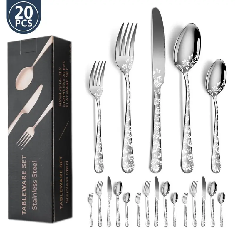 20-Piece Stainless Steel Steak Knife Set, Floral Handle Design, Dishwasher Safe, Elegant Gift Box Packaging, High-End Western Dining Cutlery, Tableware Sets, Kitchen Cutlery Set, Utensils Included