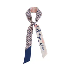 "Floral Houndstooth" Silk Twill Skinny Scarf - Blue