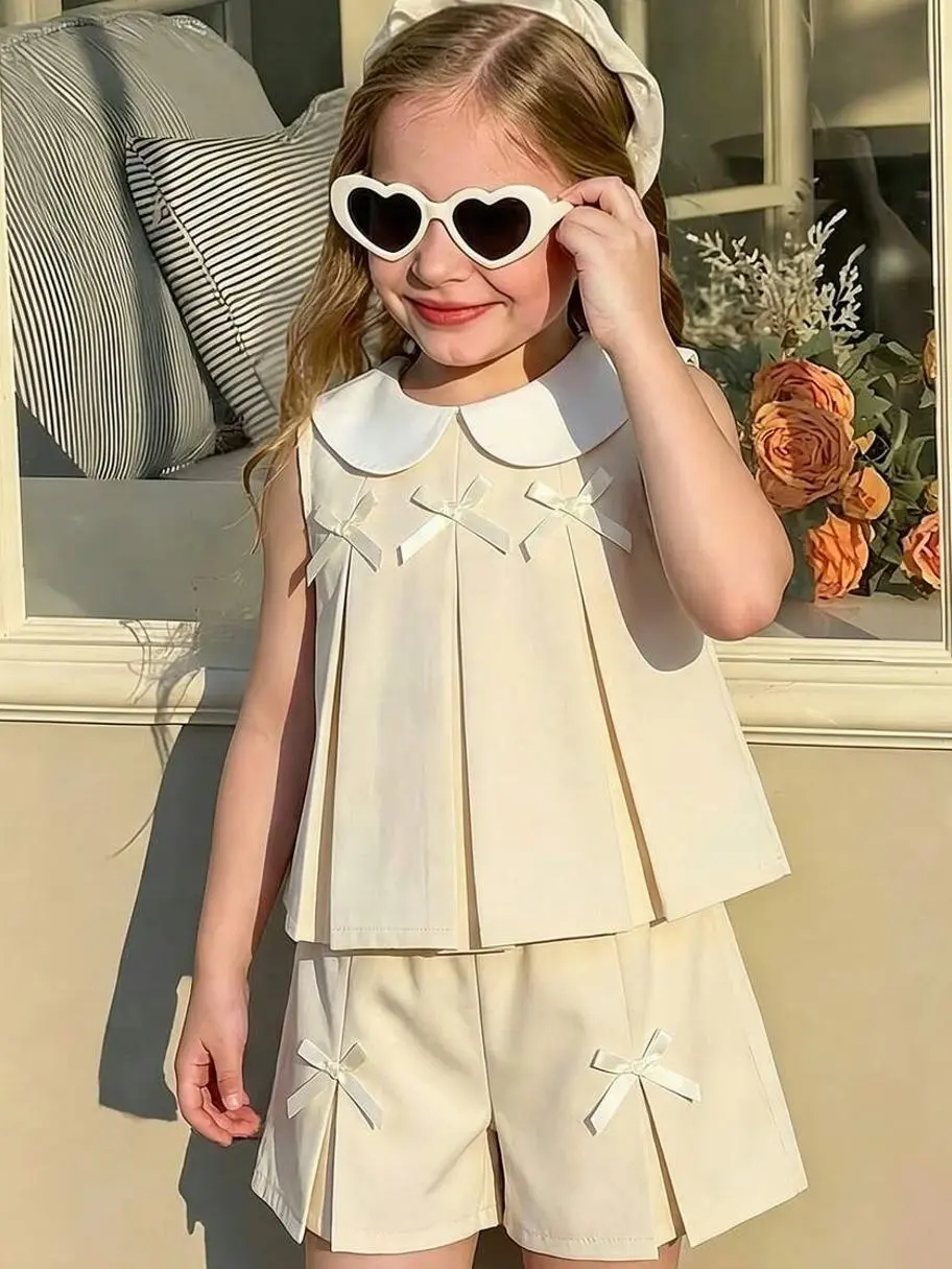Kids clothing girls - Girls Purple Pleated Bow Vest & Wide Leg Pants Set, Cute Minimalist Summer Casual Outfit girls clothes for kids clean girl clothes cute college girl clothes girly clothing boho earthy girl clothes