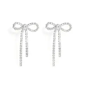 Bow Earrings for Women Rhinestone Long Tassel Earrings Ribbon Bow Drop Earring Silver Stainless Steel Dangle Earrings Cute Sparkly Jewelry