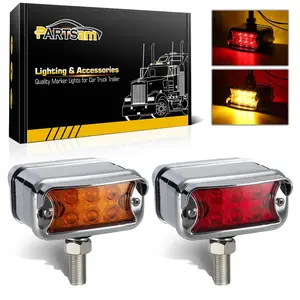 Partsam 2Pcs Dual Revolution Amber/Red 12 LED Marker Lights Turn Signal w/ Horizontal Visor, Double Face Chrome Pedestal Lights, Bumper Lights Replacement for Peterbilt/Kenworth/Freightliner Trucks