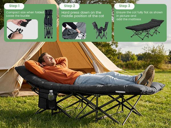 Camping Cot for Adults, 6 Angle Adjustable Folding Camping Bed with Mattress, Foldable Camping Bed for Camp, Office, Outdoor, Lightweight Camping Cot Supports 450 lbs
