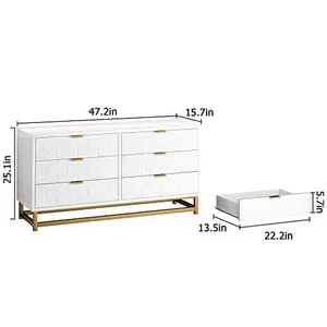 【Christmas Deal】GARVEE  White 6 Drawer Dresser for Bedroom, Wood Chest of Drawers with Metal Legs, Modern Storage Dresser Chest Cabinet Organizer, Large Dresser for Living Room, Hallway, Closet