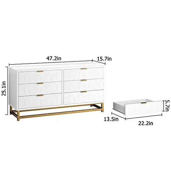 【Garvee】GARVEE White 6 Drawer Dresser for Bedroom, Wood Chest of Drawers with Metal Legs, Modern Storage Dresser Chest Cabinet Organizer, Large Dress