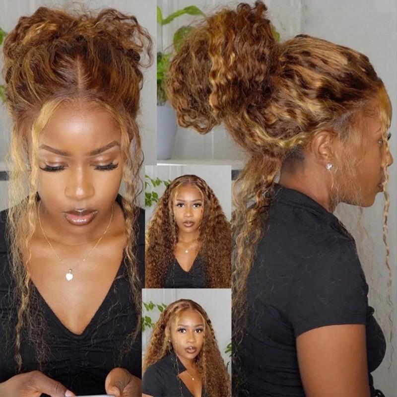 30 36 Inch Highlight 360 Deep Wave Wig Hidden Invisible Strap 360 Full Lace Front Wigs Human Hair 180% Density Ombre Honey Blonde Drawstring Wig Human Hair For Women Pre Plucked Colored 4/27 Glueless Curly Wig Human Hair